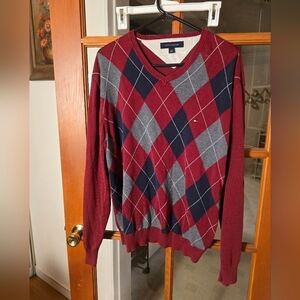 Tommy Hilfiger Men's V-Neck Argyle Sweater - Red and Blue